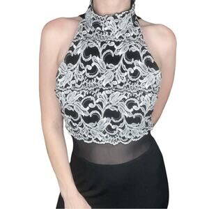 Vintage Cache lace sheer mesh black straight leg high neck jumpsuit 8 Medium